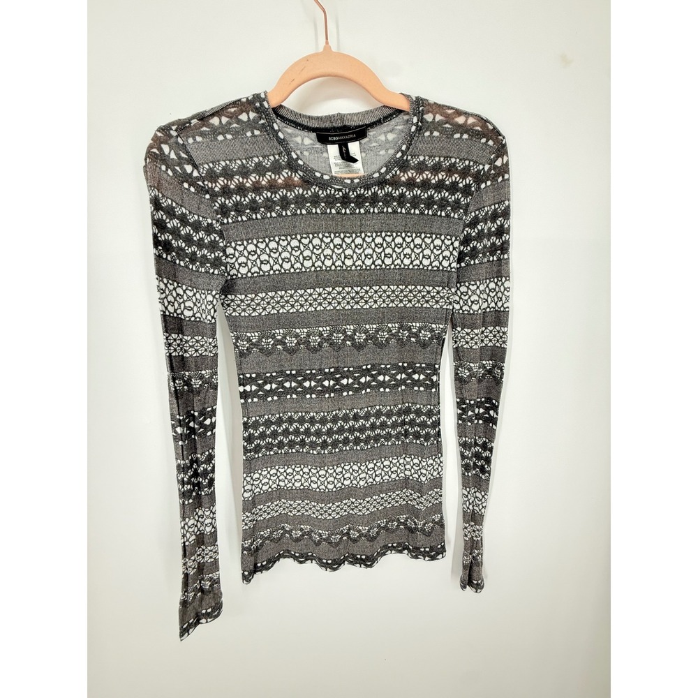 BCBGMAXAZRIA Top Women Small Grey Lace Print Long Sleeve Modal Slim Fairy Y2K